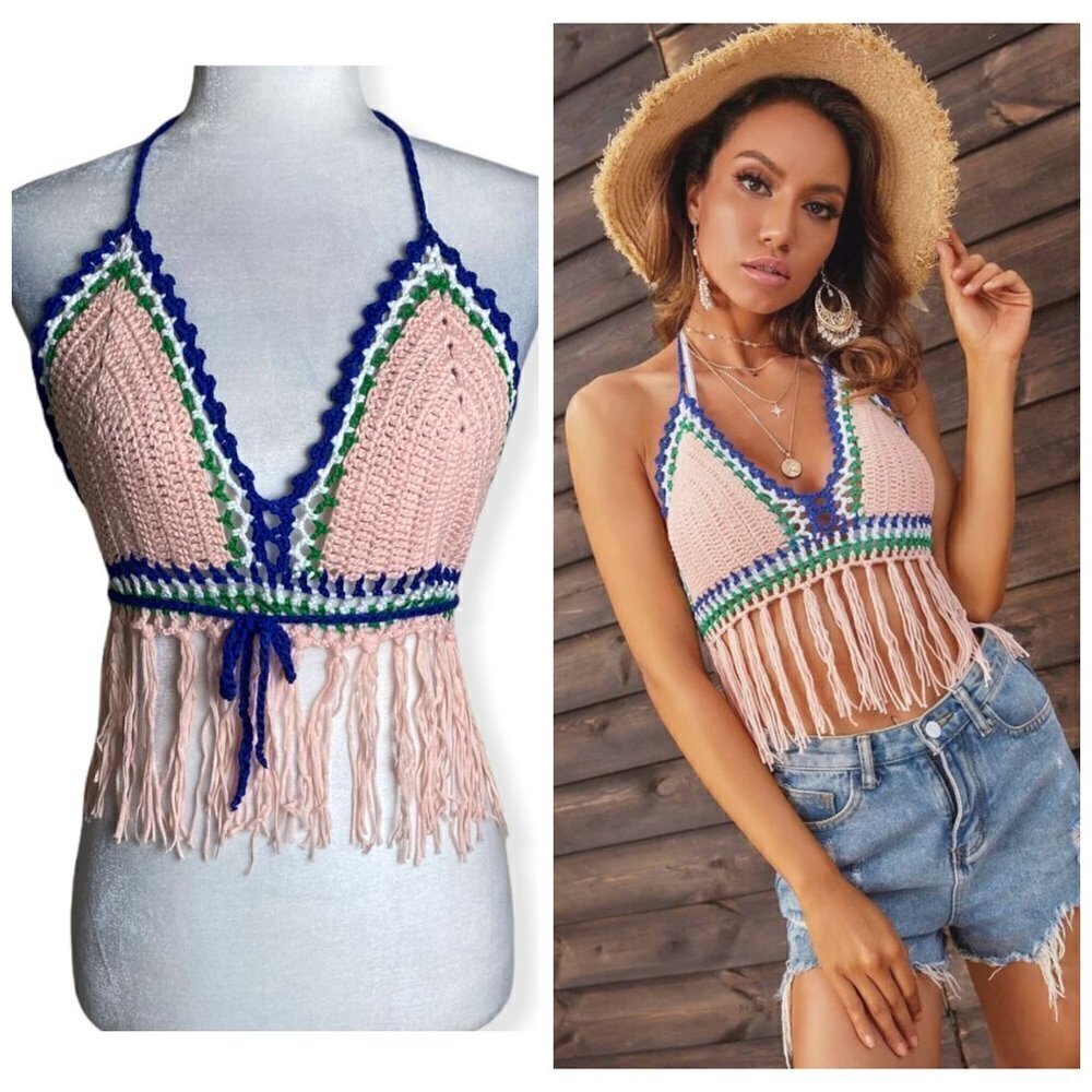 Boho Festival Crochet Fringe Hem Halter Cover-Up Summer Top Large Sz 8/10 NWT